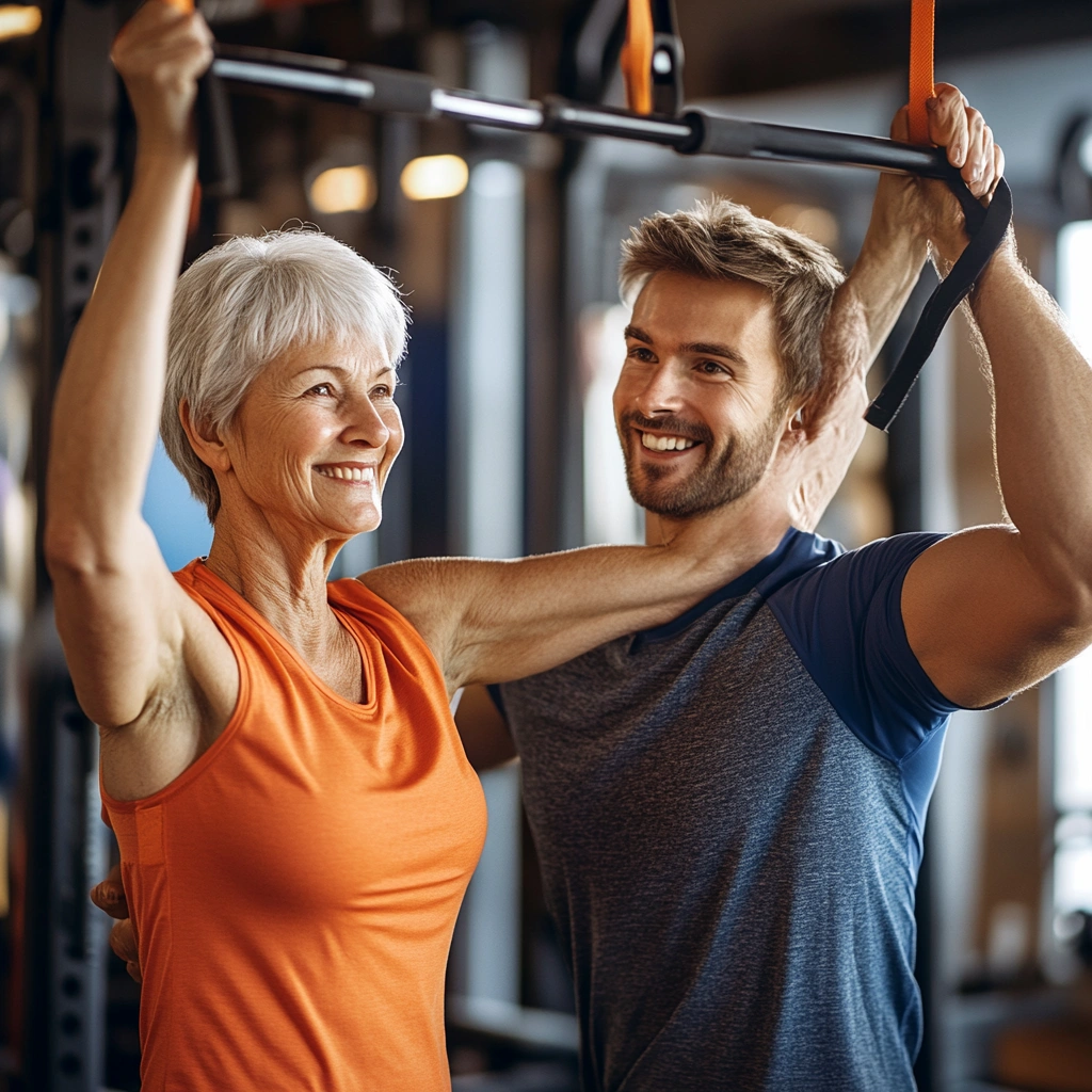 Професійний тренер допомагає пенсіонерці з вправами