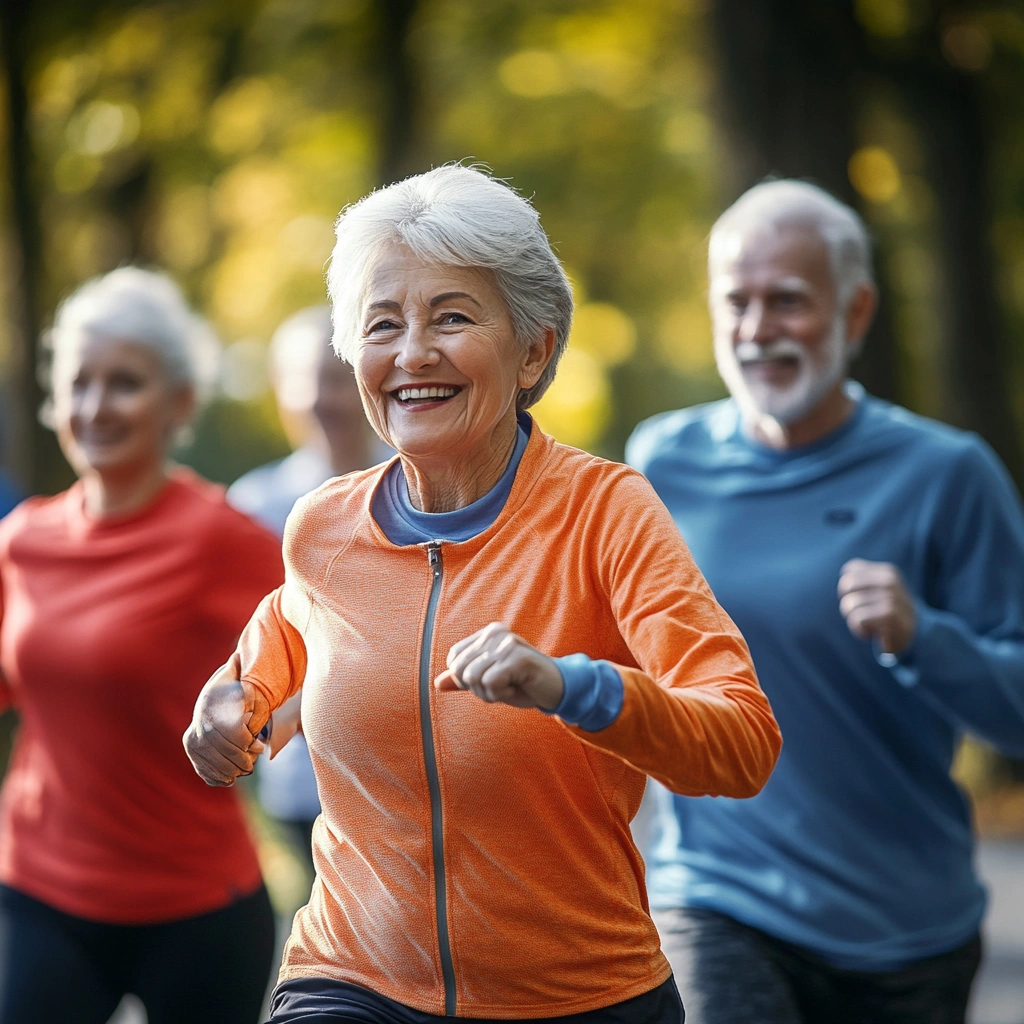Щаслива група активних пенсіонерів займається фізичними вправами на свіжому повітрі