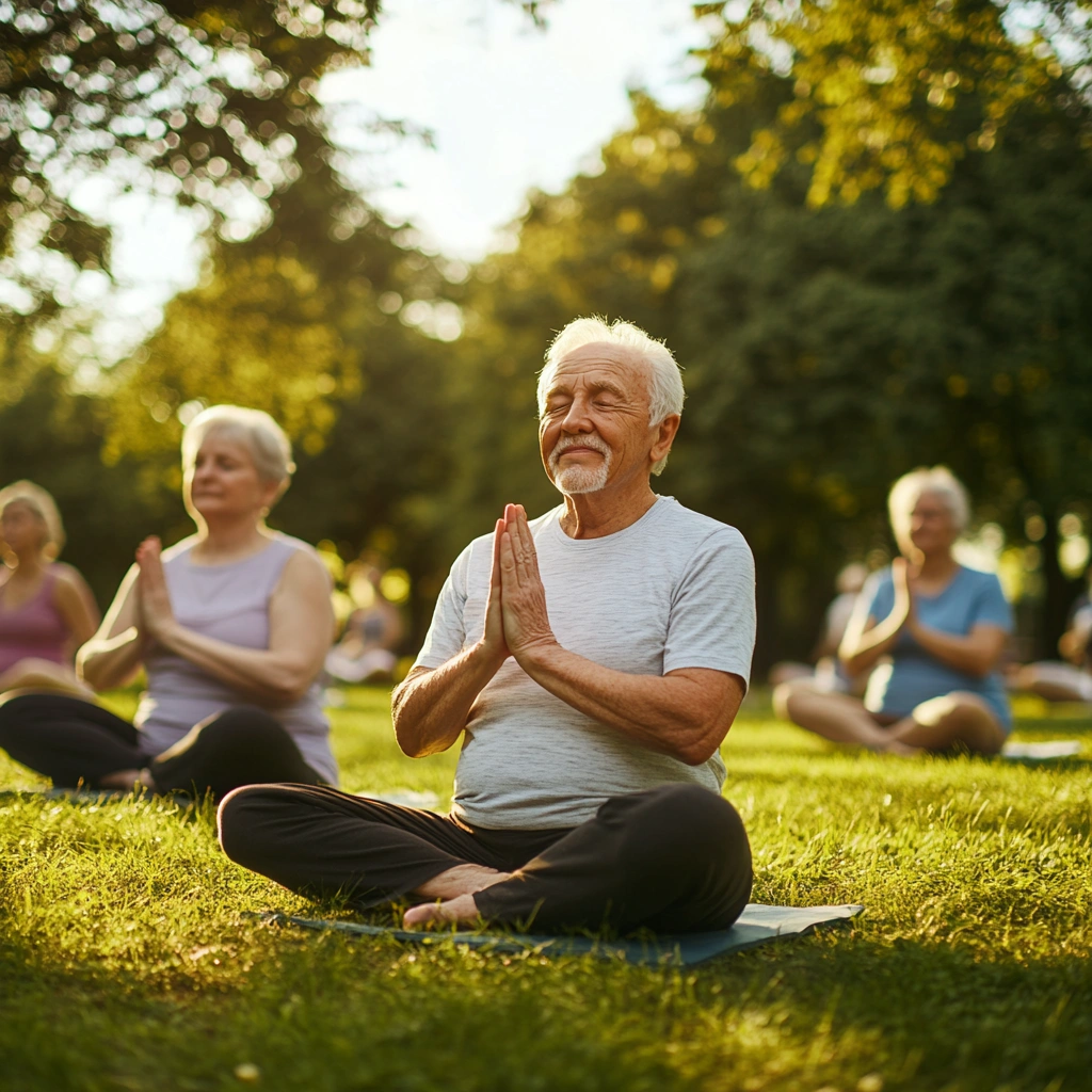 Група пенсіонерів займається йогою в парку