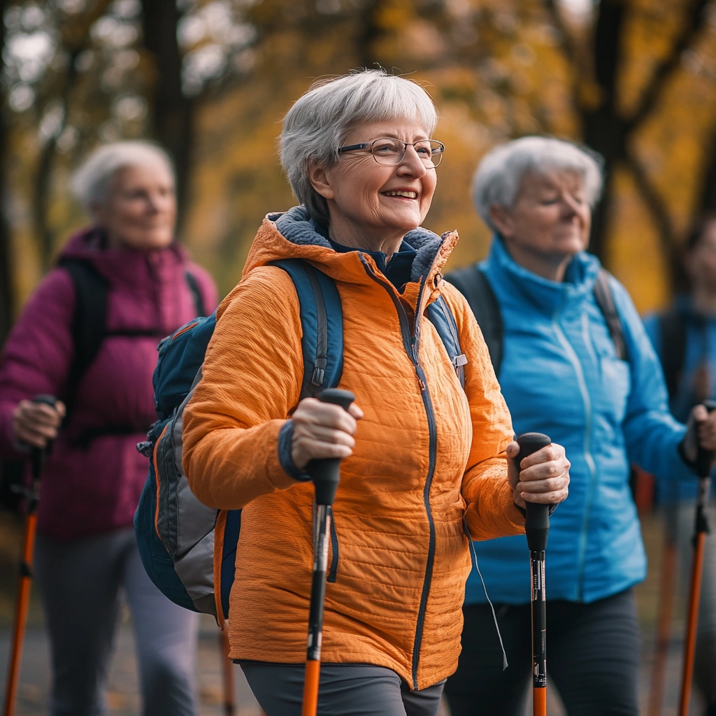Пенсіонери займаються скандинавською ходьбою в міському парку