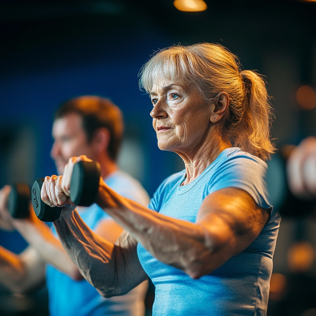 Пенсіонери виконують вправи з легкими гантелями в спортивному залі